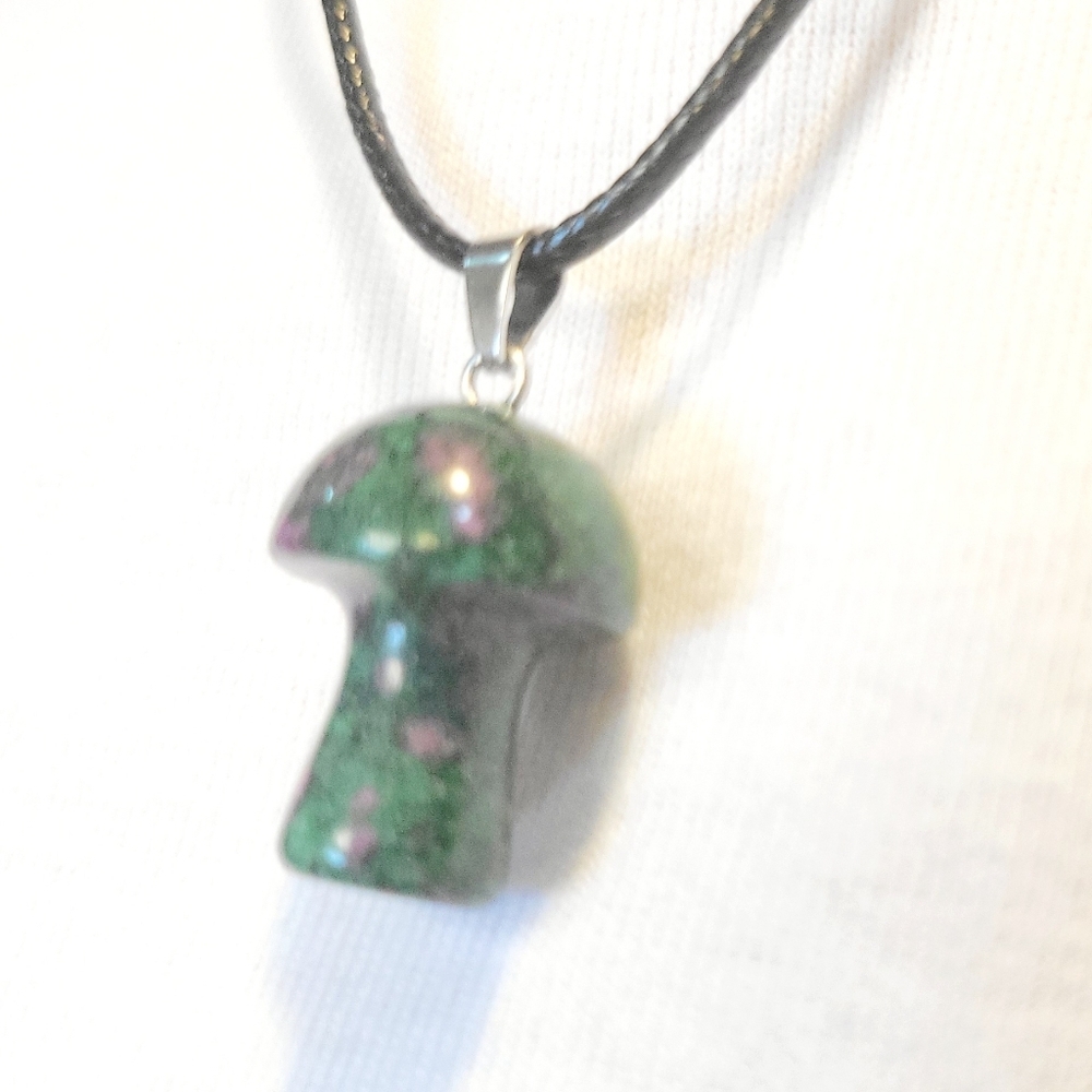 Natural Ruby Zoisite 1/2" Mushroom Crystal Pendant Necklace - Picture 2 of 5